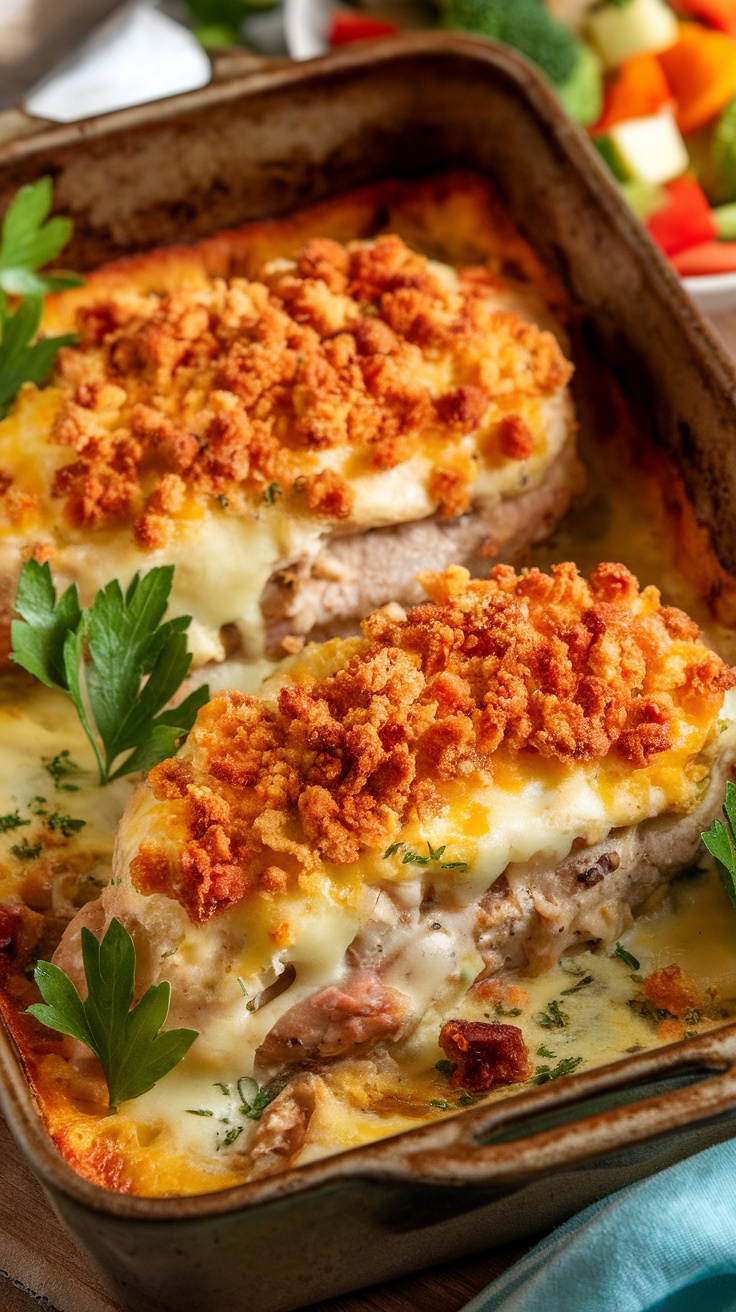A delicious Chicken Cordon Bleu Casserole with melted cheese and crispy topping, garnished with parsley, on a rustic table.